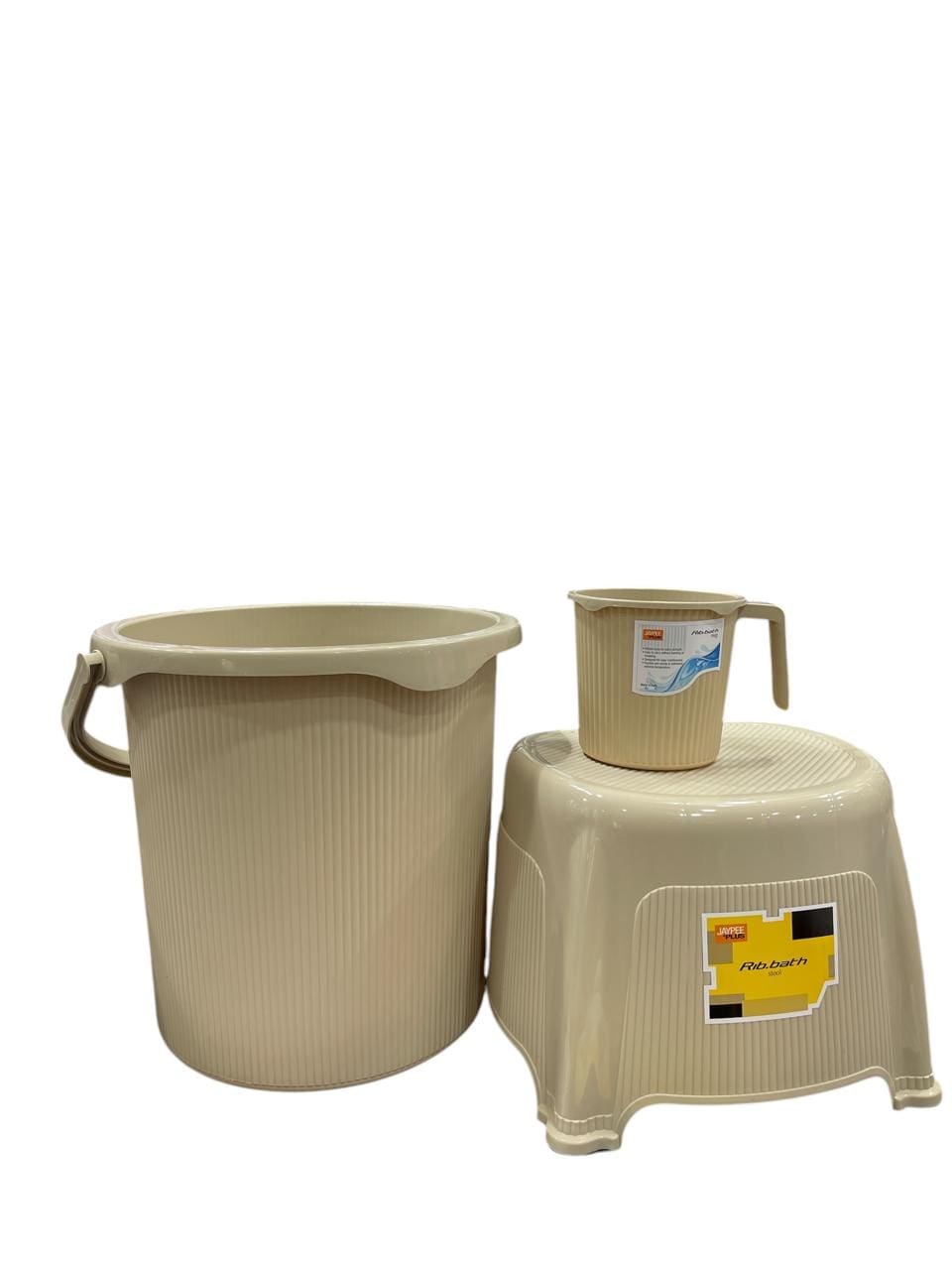 Jaypee Ribbed Series Bathroom Set, Bucket (25 Ltr.) + Mug + Stool - Beige