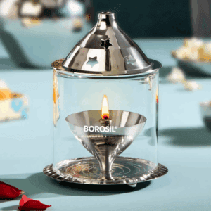 Borosil Nickle Akhand Diya with Borosilicate Glass - Medium