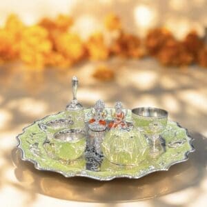 German Silver Pooja Thali with Lakshmi Ji and Ganesh Ji